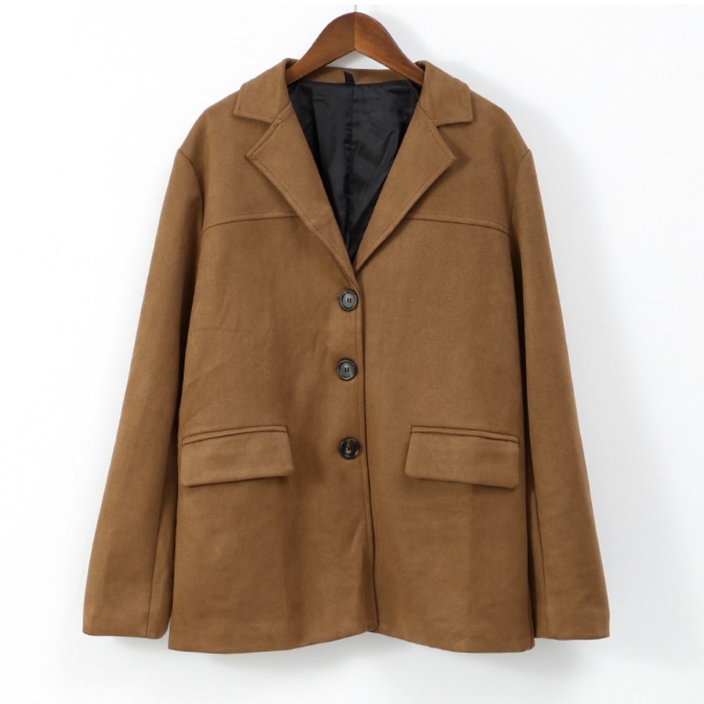 Casual Brown Lapel Pocket PU Suede Leather Jacket Fashion Woman Single Button - Picture 8 of 9
